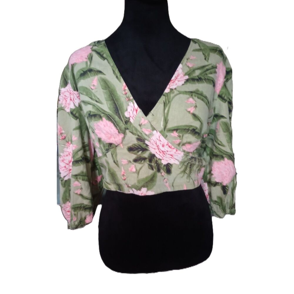Aguabendita Women's L Green & Pink Linen Blend Wrap Long Sleeve Crop Top